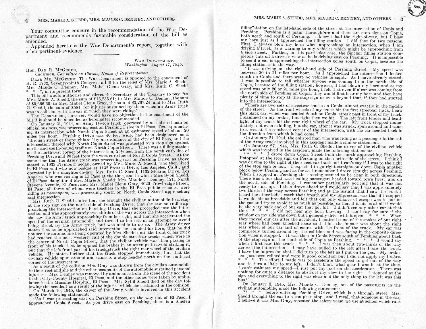 Memorandum from Frederick J. Bailey to M. C. Latta, H. R. 1732, For the Relief of Mrs. Marie A. Shedd, Mrs. Maude C. Denny, and Mrs. Mabel Glenn Gray, with Attachments