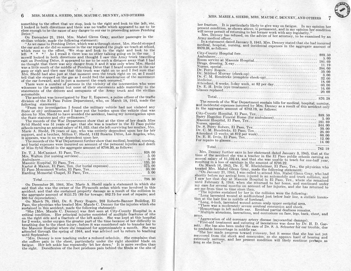 Memorandum from Frederick J. Bailey to M. C. Latta, H. R. 1732, For the Relief of Mrs. Marie A. Shedd, Mrs. Maude C. Denny, and Mrs. Mabel Glenn Gray, with Attachments