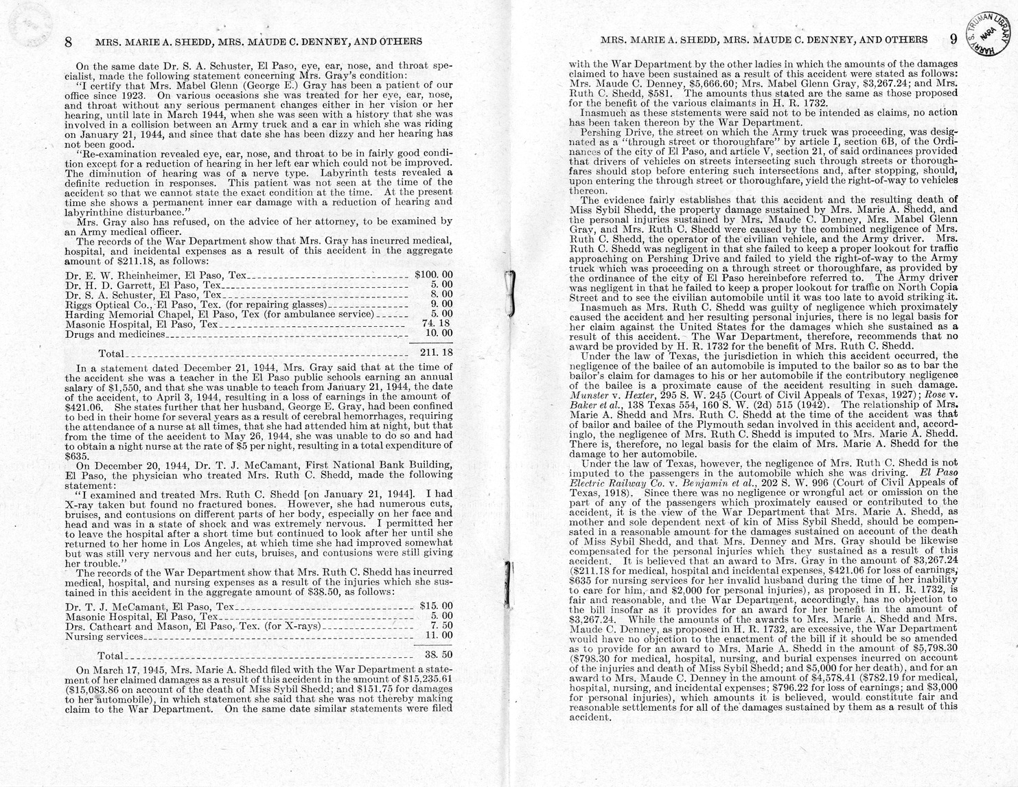 Memorandum from Frederick J. Bailey to M. C. Latta, H. R. 1732, For the Relief of Mrs. Marie A. Shedd, Mrs. Maude C. Denny, and Mrs. Mabel Glenn Gray, with Attachments