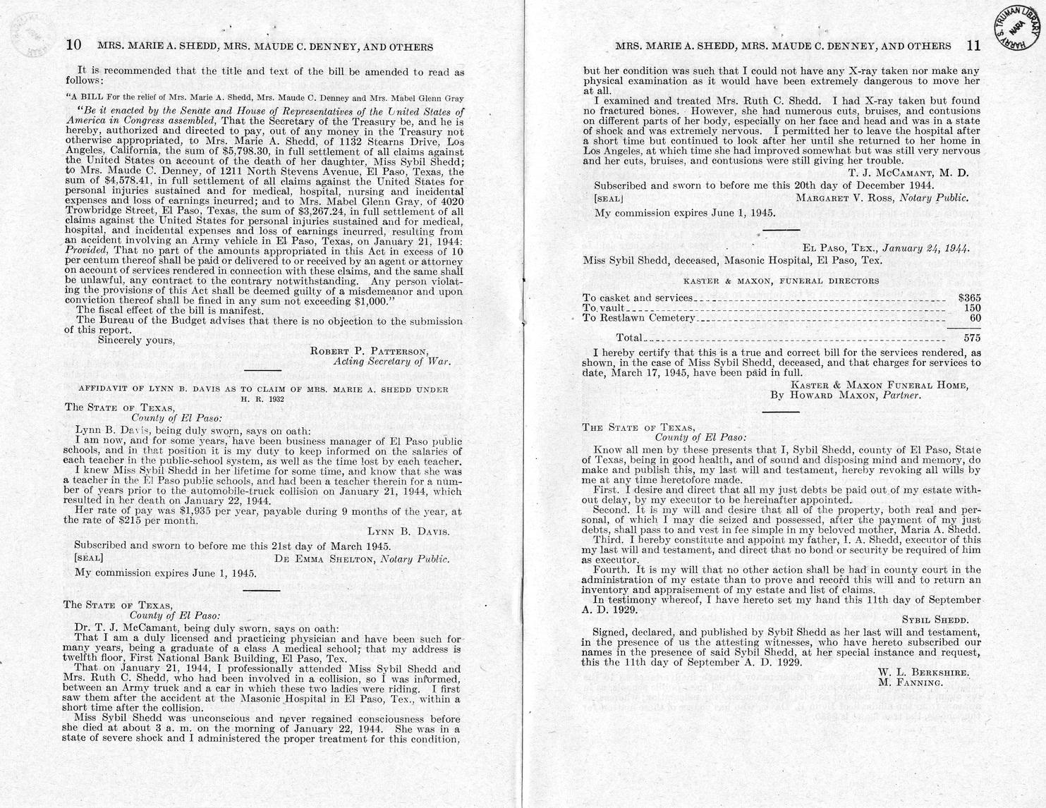 Memorandum from Frederick J. Bailey to M. C. Latta, H. R. 1732, For the Relief of Mrs. Marie A. Shedd, Mrs. Maude C. Denny, and Mrs. Mabel Glenn Gray, with Attachments