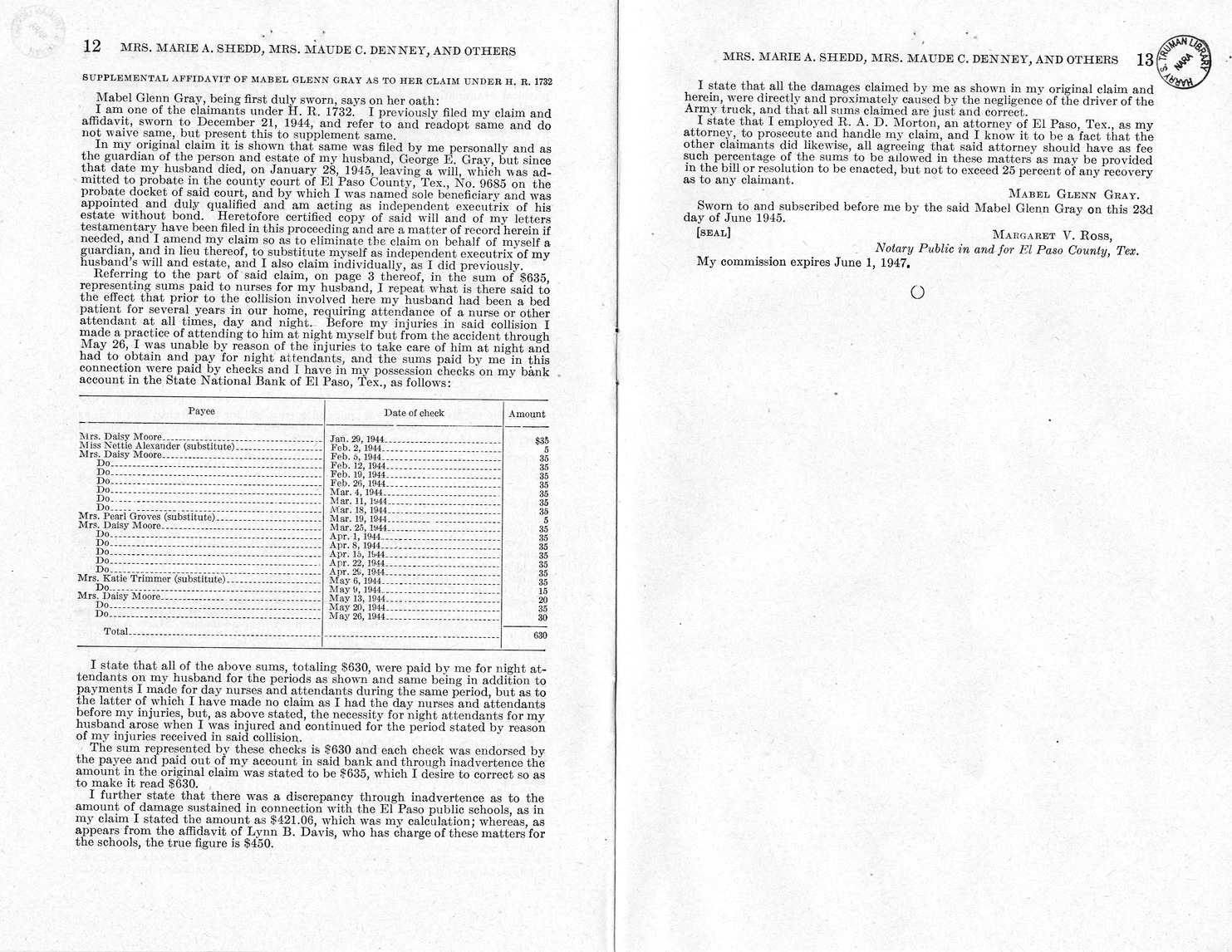 Memorandum from Frederick J. Bailey to M. C. Latta, H. R. 1732, For the Relief of Mrs. Marie A. Shedd, Mrs. Maude C. Denny, and Mrs. Mabel Glenn Gray, with Attachments