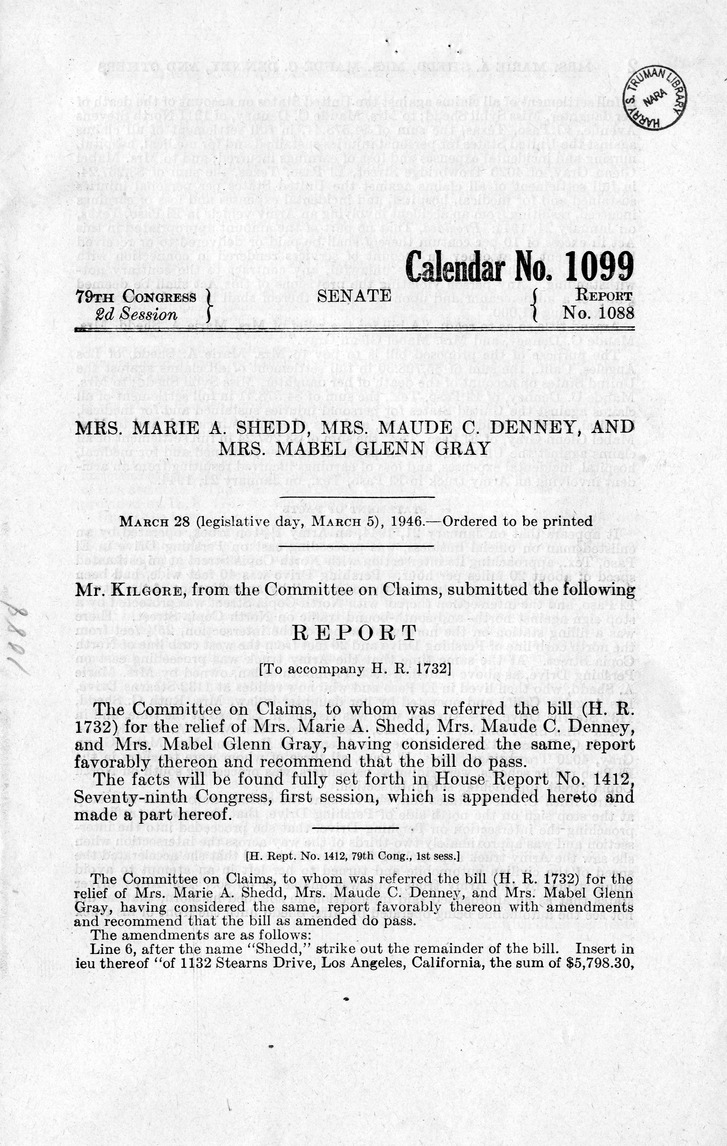 Memorandum from Frederick J. Bailey to M. C. Latta, H. R. 1732, For the Relief of Mrs. Marie A. Shedd, Mrs. Maude C. Denny, and Mrs. Mabel Glenn Gray, with Attachments