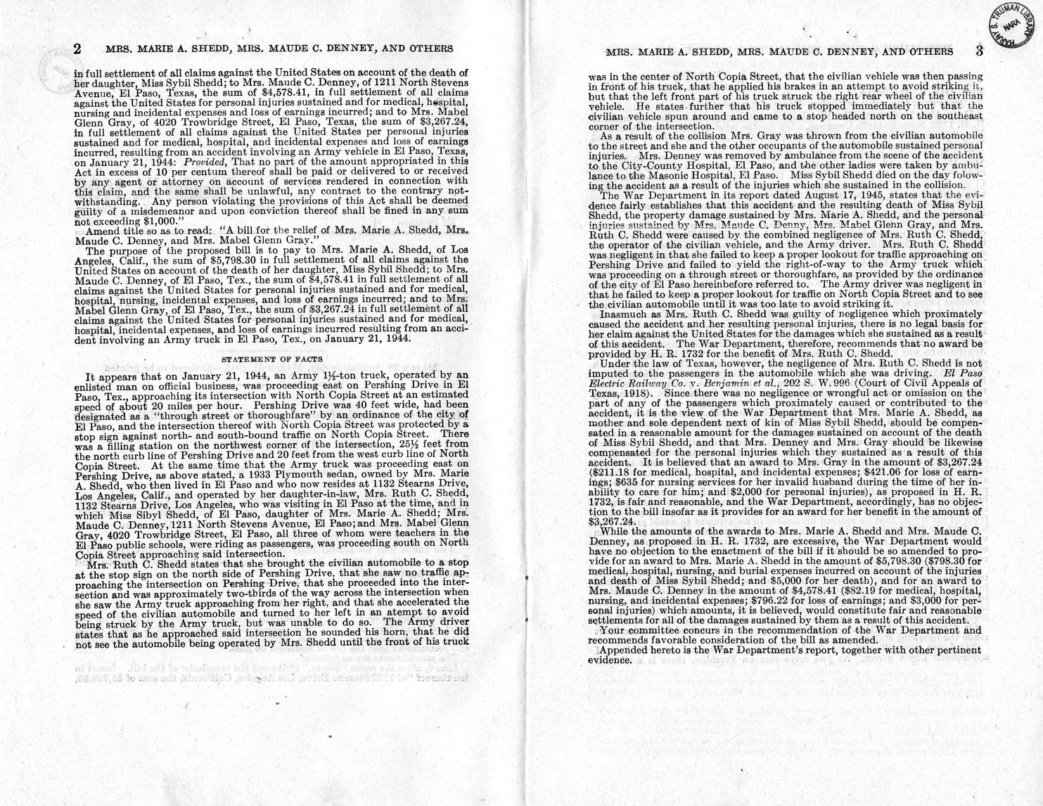 Memorandum from Frederick J. Bailey to M. C. Latta, H. R. 1732, For the Relief of Mrs. Marie A. Shedd, Mrs. Maude C. Denny, and Mrs. Mabel Glenn Gray, with Attachments