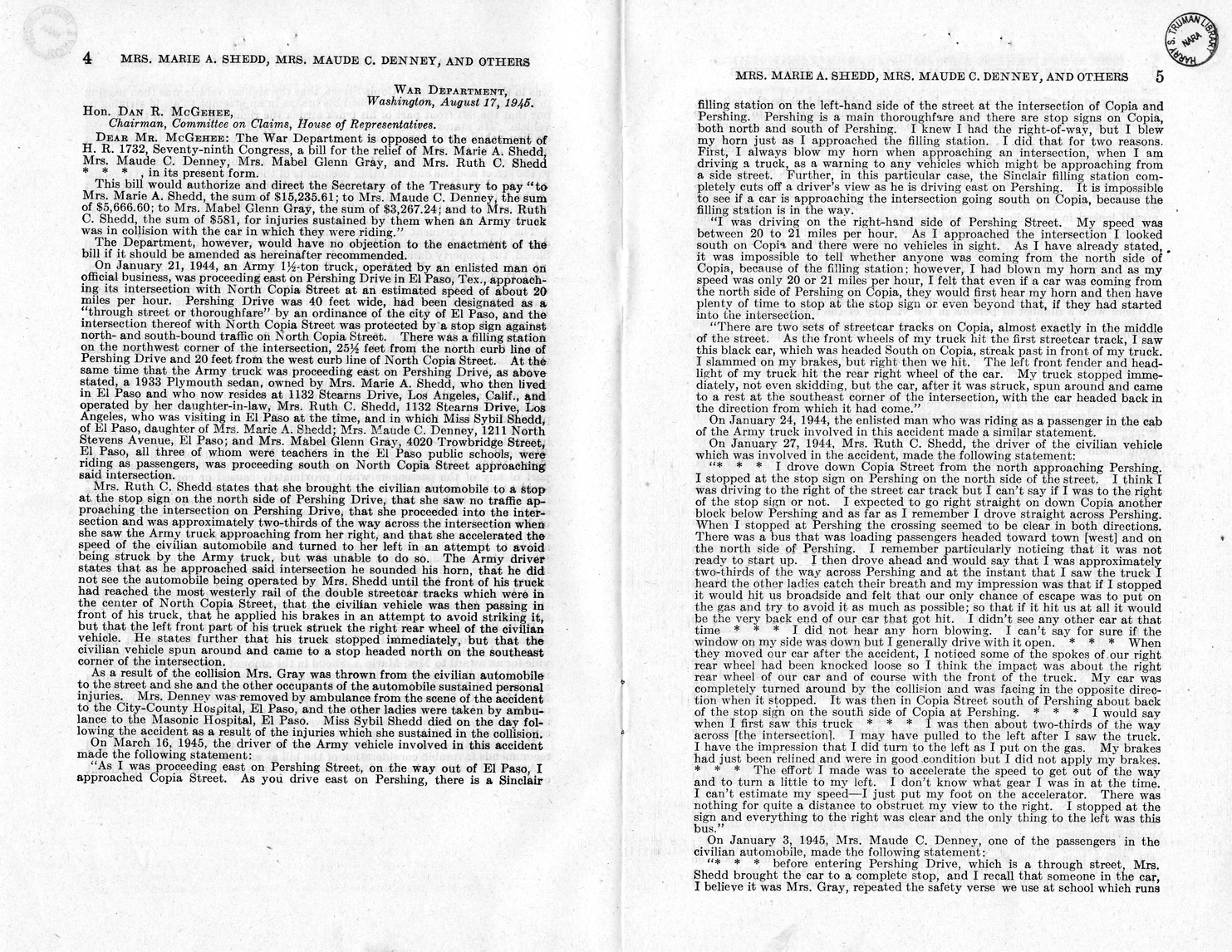 Memorandum from Frederick J. Bailey to M. C. Latta, H. R. 1732, For the Relief of Mrs. Marie A. Shedd, Mrs. Maude C. Denny, and Mrs. Mabel Glenn Gray, with Attachments