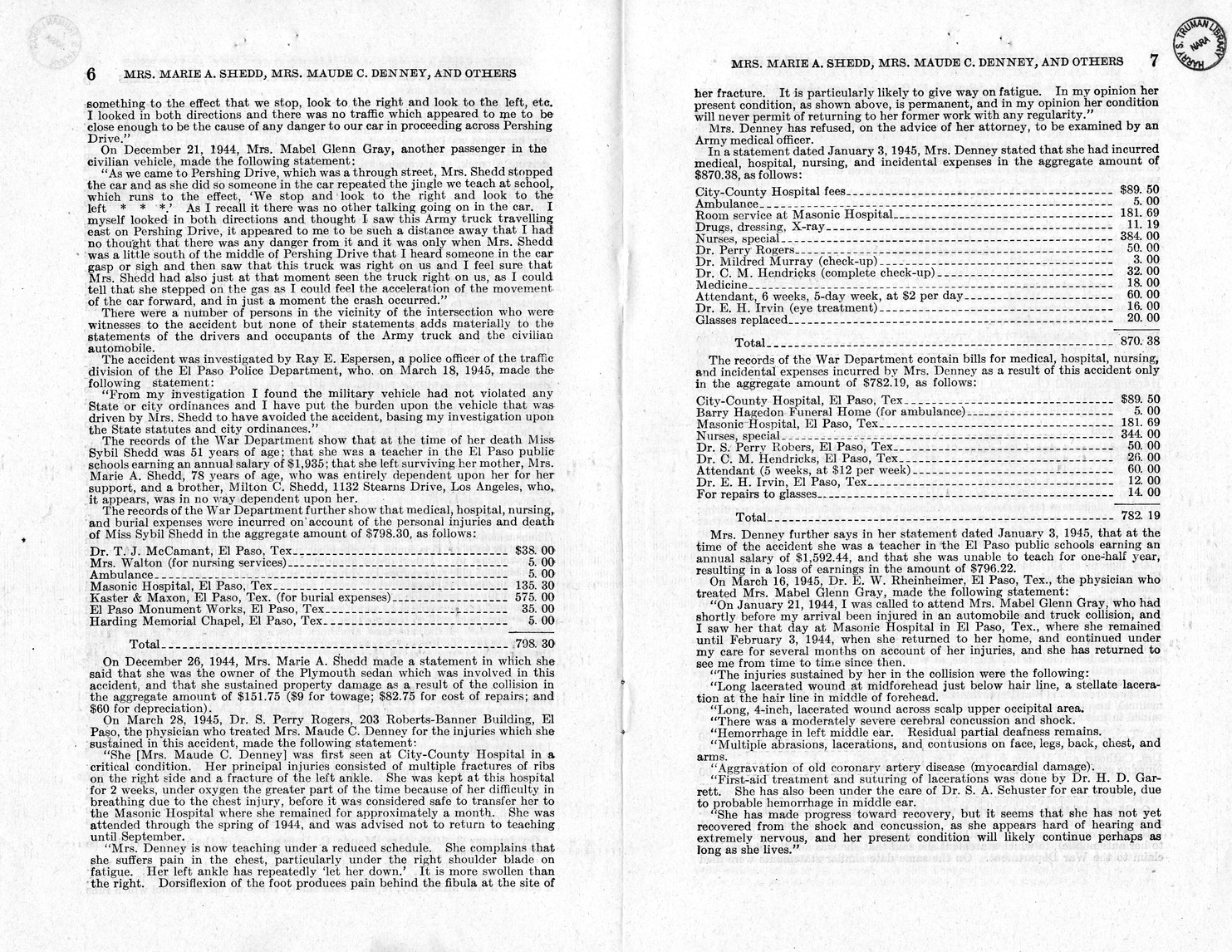 Memorandum from Frederick J. Bailey to M. C. Latta, H. R. 1732, For the Relief of Mrs. Marie A. Shedd, Mrs. Maude C. Denny, and Mrs. Mabel Glenn Gray, with Attachments