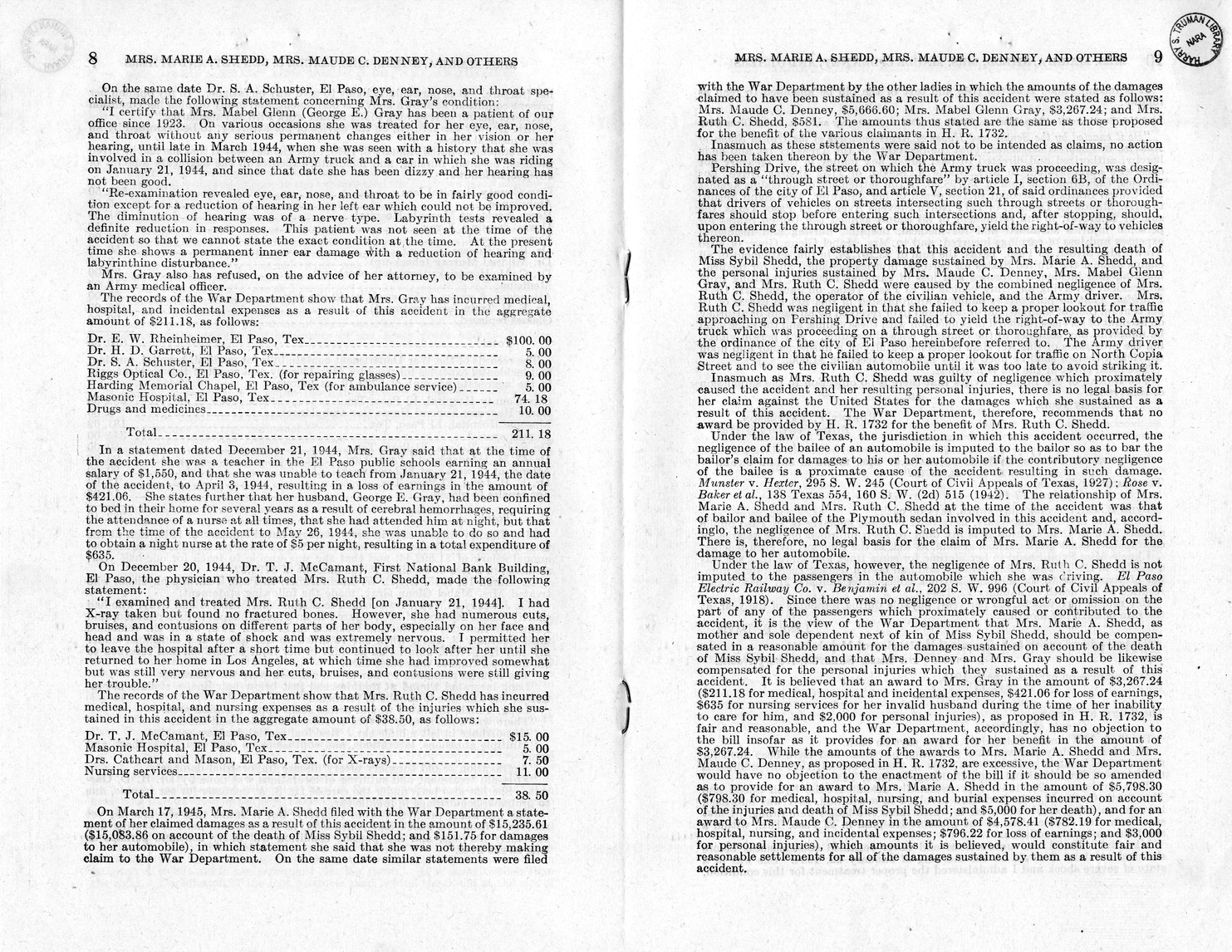 Memorandum from Frederick J. Bailey to M. C. Latta, H. R. 1732, For the Relief of Mrs. Marie A. Shedd, Mrs. Maude C. Denny, and Mrs. Mabel Glenn Gray, with Attachments