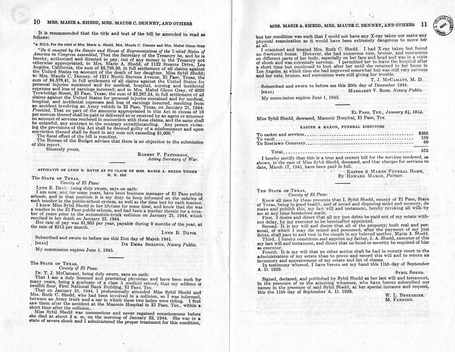 Memorandum from Frederick J. Bailey to M. C. Latta, H. R. 1732, For the Relief of Mrs. Marie A. Shedd, Mrs. Maude C. Denny, and Mrs. Mabel Glenn Gray, with Attachments