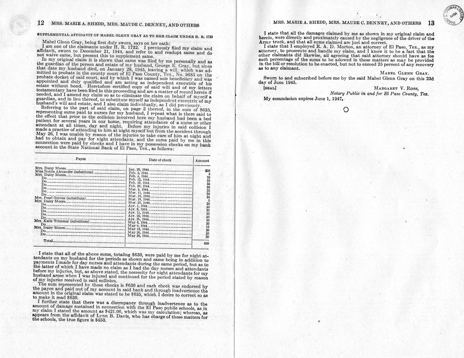 Memorandum from Frederick J. Bailey to M. C. Latta, H. R. 1732, For the Relief of Mrs. Marie A. Shedd, Mrs. Maude C. Denny, and Mrs. Mabel Glenn Gray, with Attachments