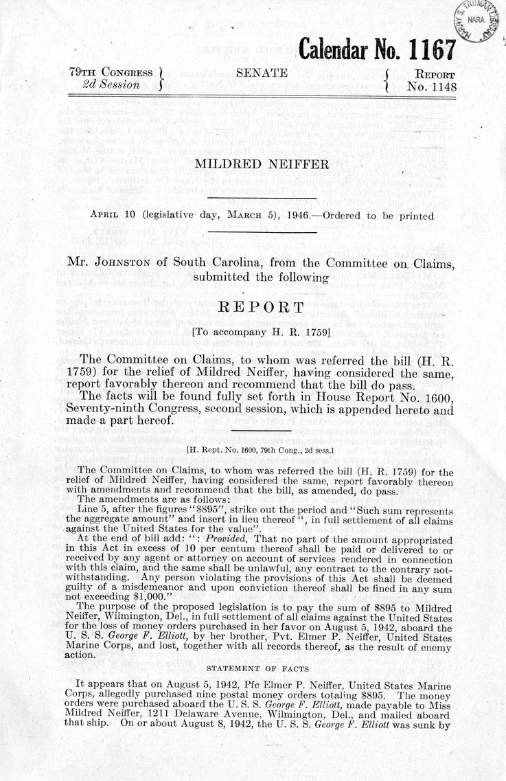 Memorandum from Frederick J. Bailey to M. C. Latta, H. R. 1759, For the Relief of Mildred Neiffer, with Attachments