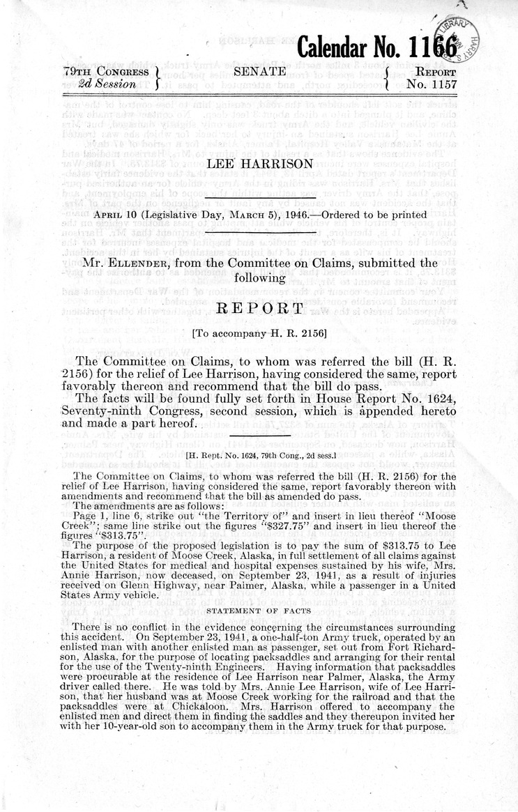 Memorandum from Frederick J. Bailey to M. C. Latta, H. R. 2156, For the Relief of Lee Harrison, with Attachments