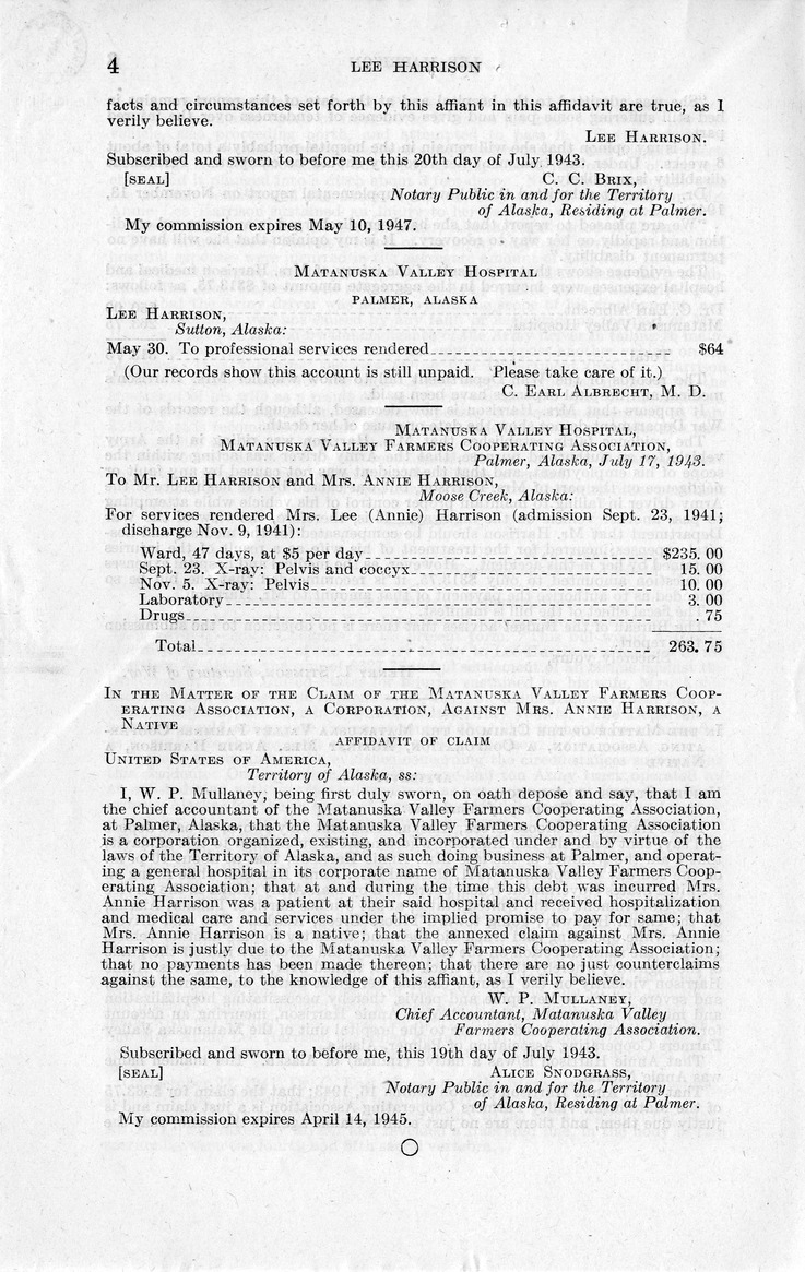 Memorandum from Frederick J. Bailey to M. C. Latta, H. R. 2156, For the Relief of Lee Harrison, with Attachments