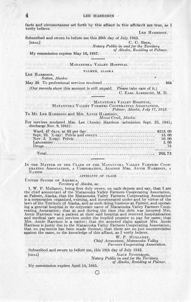 Memorandum from Frederick J. Bailey to M. C. Latta, H. R. 2156, For the Relief of Lee Harrison, with Attachments