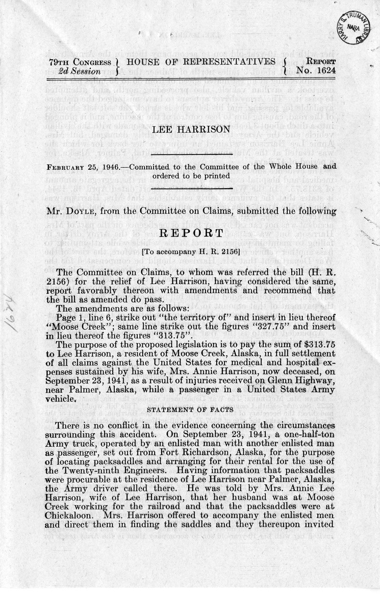 Memorandum from Frederick J. Bailey to M. C. Latta, H. R. 2156, For the Relief of Lee Harrison, with Attachments