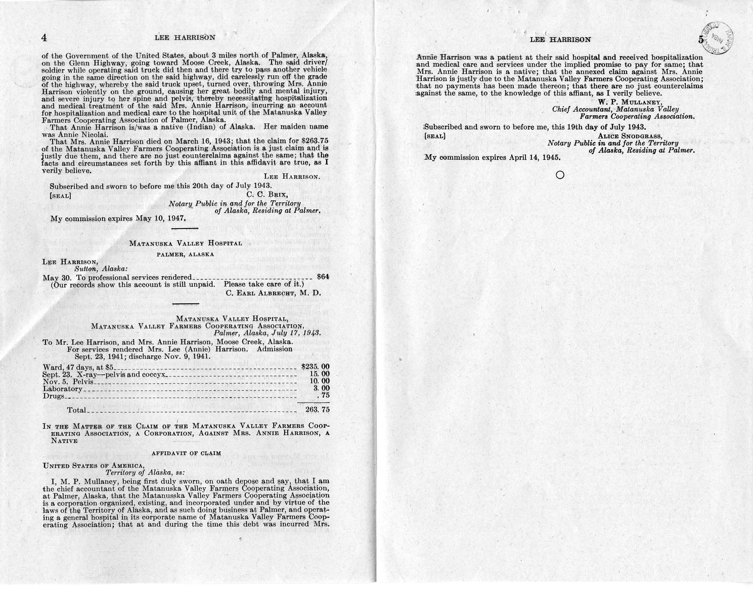 Memorandum from Frederick J. Bailey to M. C. Latta, H. R. 2156, For the Relief of Lee Harrison, with Attachments