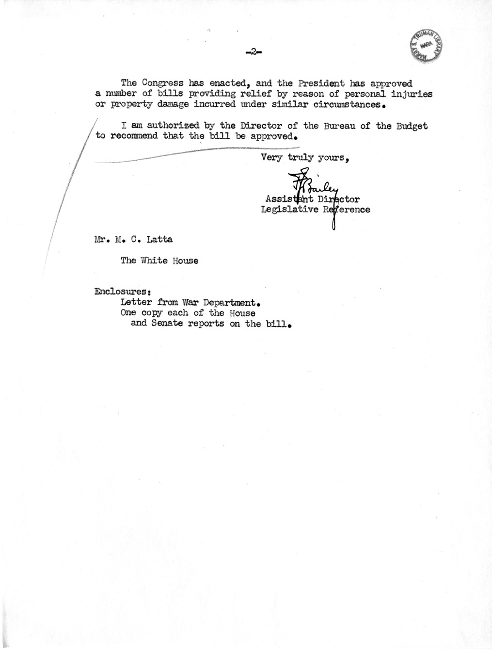 Memorandum from Frederick J. Bailey to M. C. Latta, H. R. 2244, For the Relief of Edward W. Thurber, with Attachments