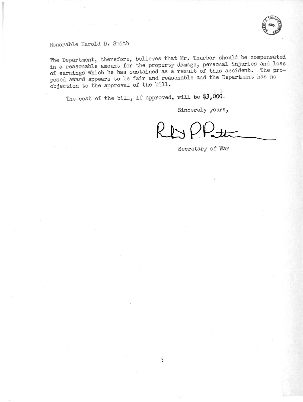 Memorandum from Frederick J. Bailey to M. C. Latta, H. R. 2244, For the Relief of Edward W. Thurber, with Attachments