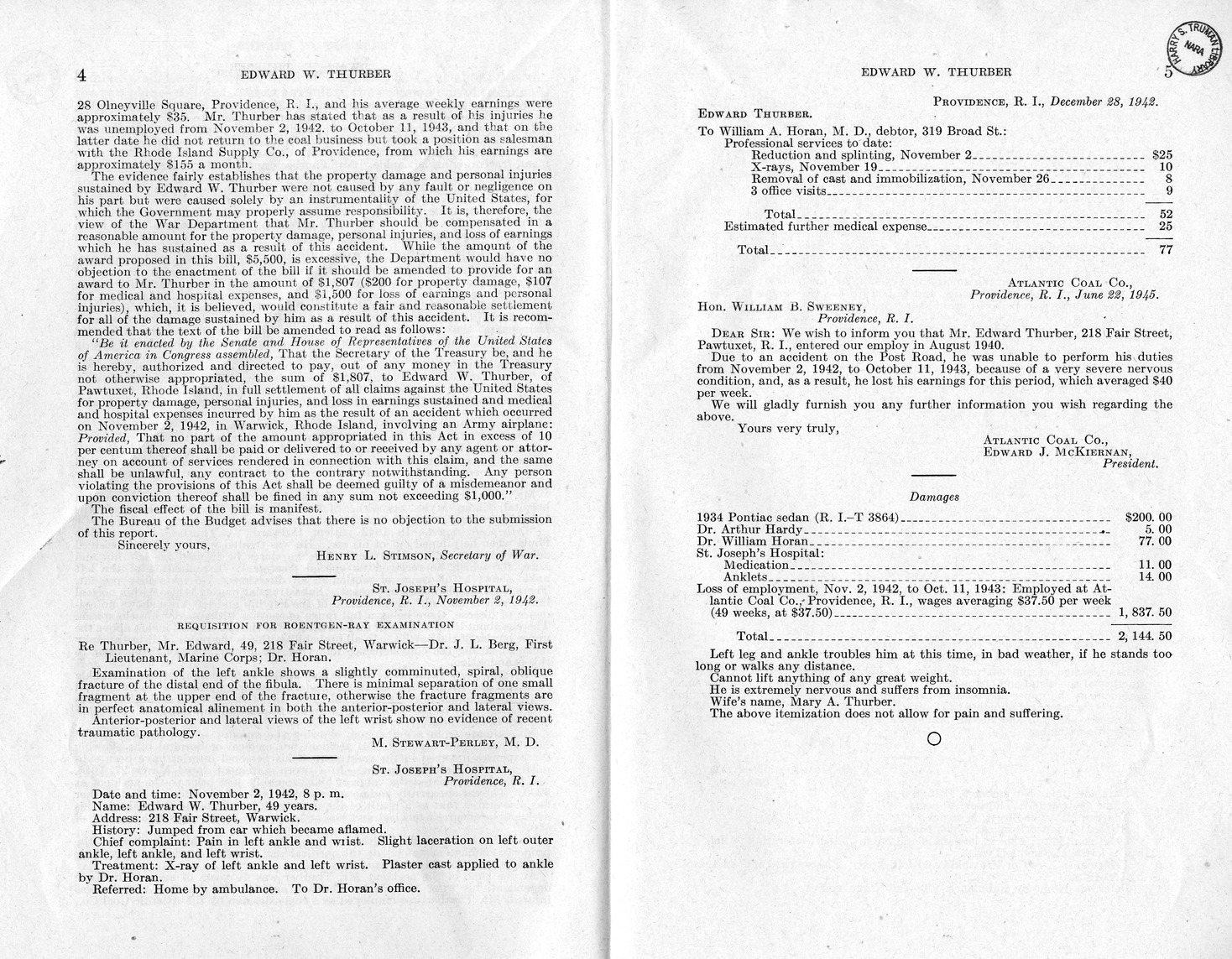 Memorandum from Frederick J. Bailey to M. C. Latta, H. R. 2244, For the Relief of Edward W. Thurber, with Attachments