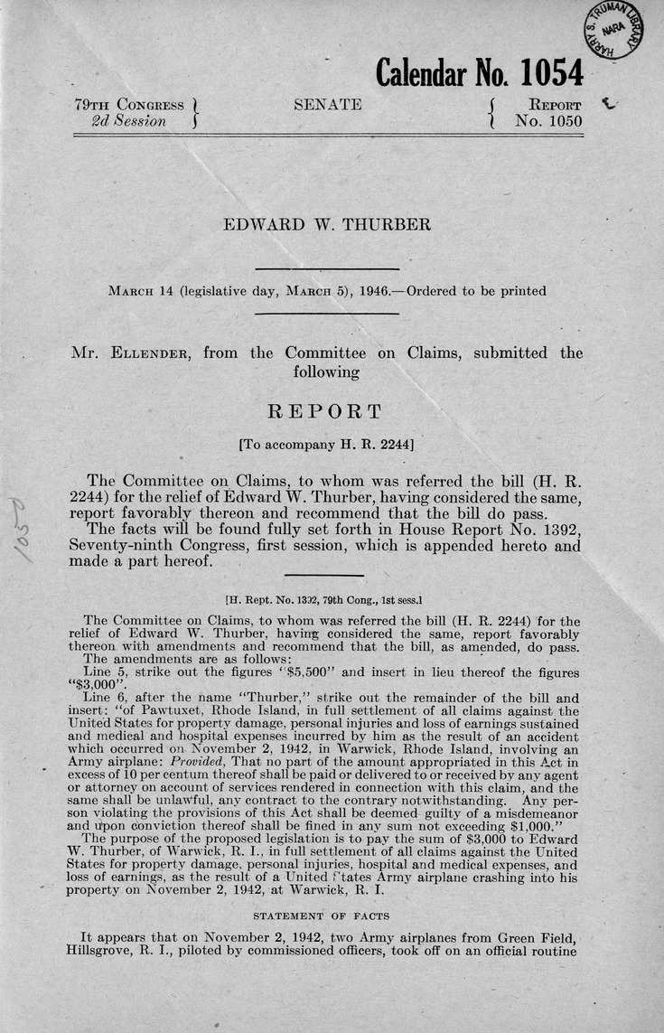 Memorandum from Frederick J. Bailey to M. C. Latta, H. R. 2244, For the Relief of Edward W. Thurber, with Attachments