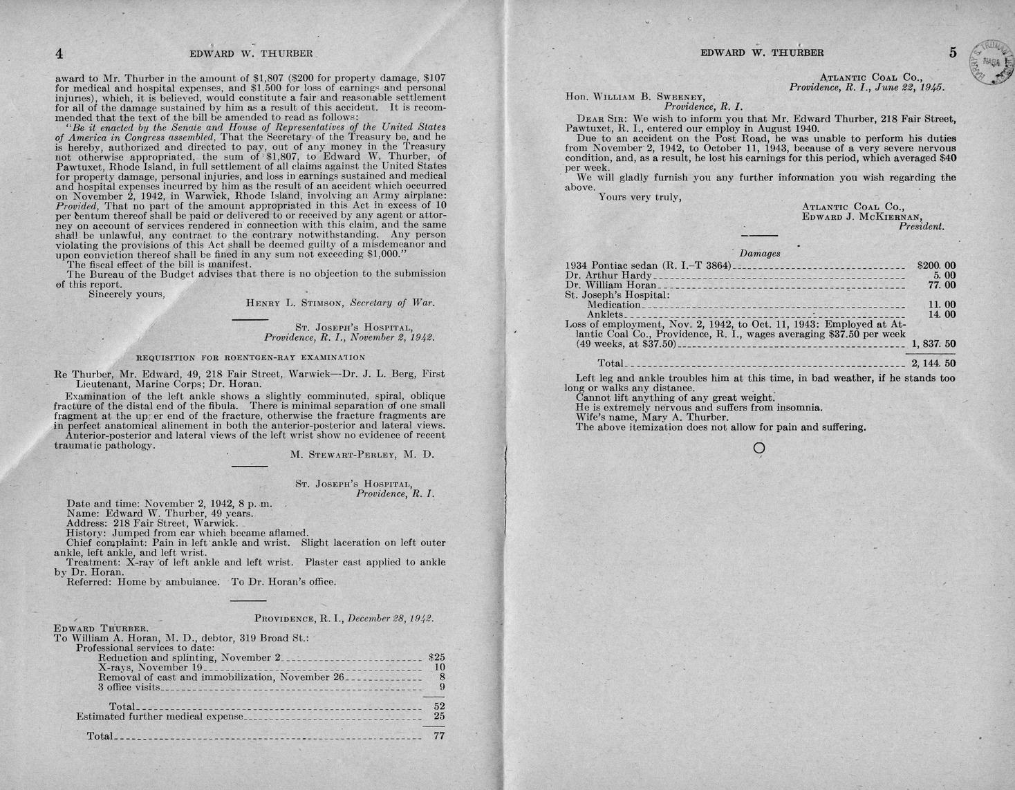 Memorandum from Frederick J. Bailey to M. C. Latta, H. R. 2244, For the Relief of Edward W. Thurber, with Attachments