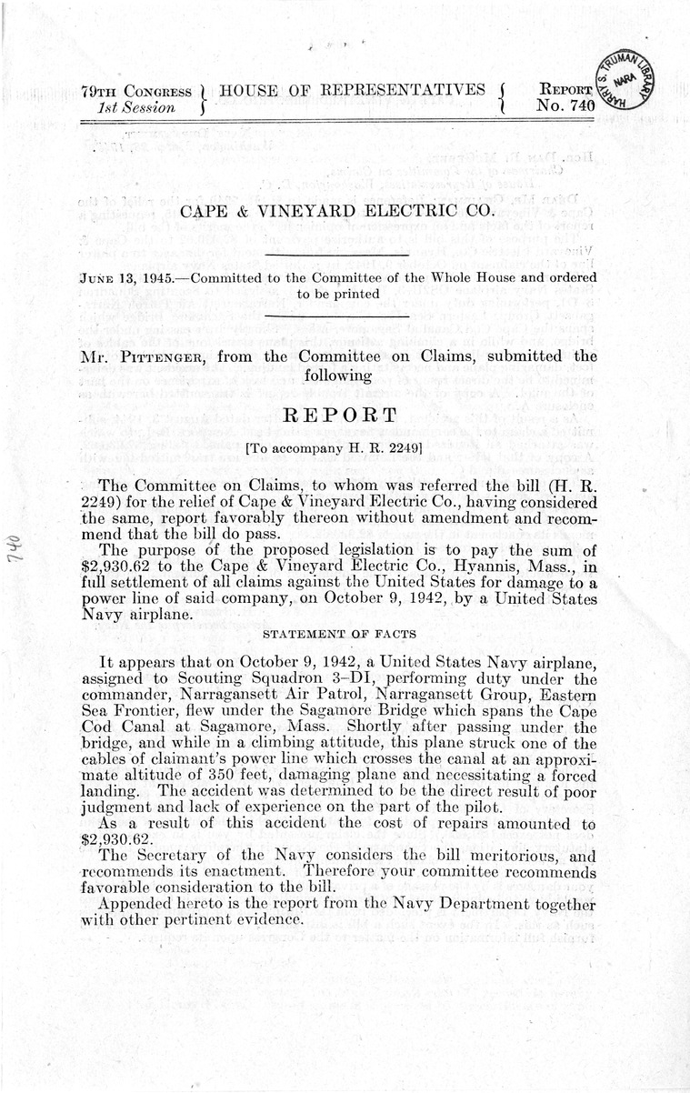Memorandum from Frederick J. Bailey to M. C. Latta, H. R. 2249, For the Relief of The Cape and Vineyard Electric Company, with Attachments