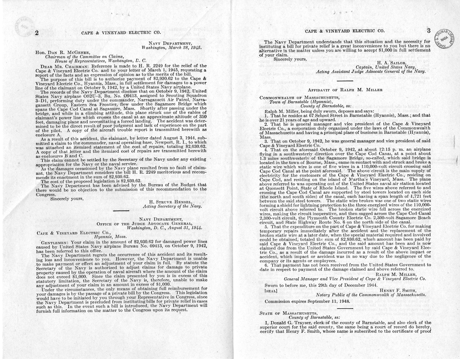 Memorandum from Frederick J. Bailey to M. C. Latta, H. R. 2249, For the Relief of The Cape and Vineyard Electric Company, with Attachments
