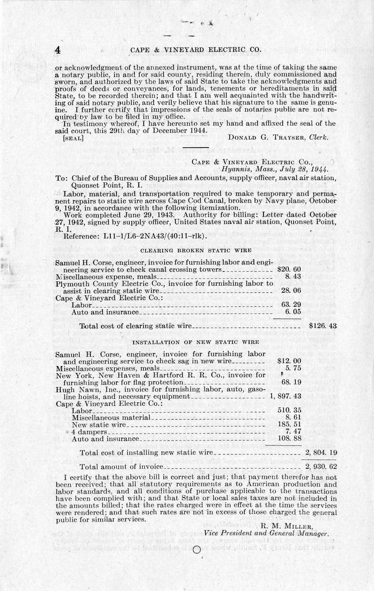 Memorandum from Frederick J. Bailey to M. C. Latta, H. R. 2249, For the Relief of The Cape and Vineyard Electric Company, with Attachments