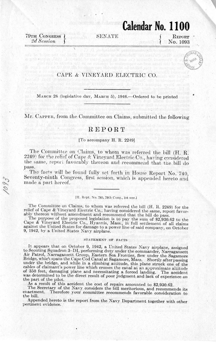 Memorandum from Frederick J. Bailey to M. C. Latta, H. R. 2249, For the Relief of The Cape and Vineyard Electric Company, with Attachments