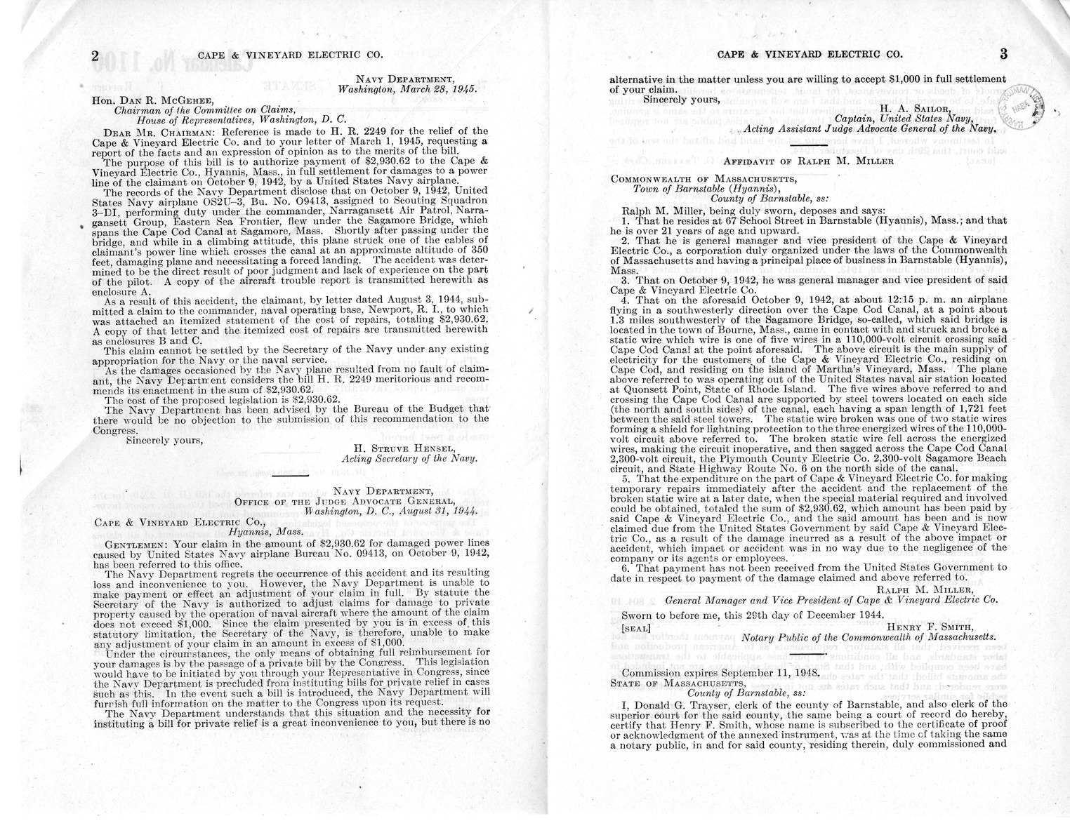 Memorandum from Frederick J. Bailey to M. C. Latta, H. R. 2249, For the Relief of The Cape and Vineyard Electric Company, with Attachments