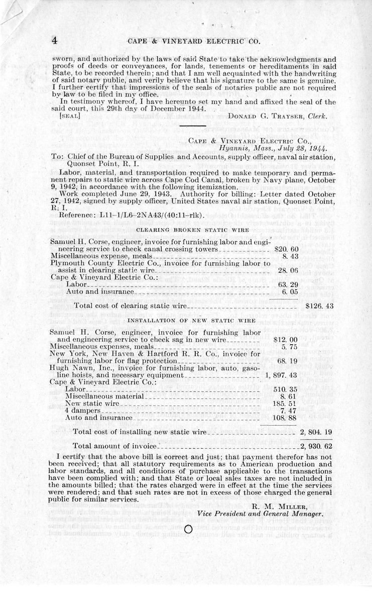 Memorandum from Frederick J. Bailey to M. C. Latta, H. R. 2249, For the Relief of The Cape and Vineyard Electric Company, with Attachments