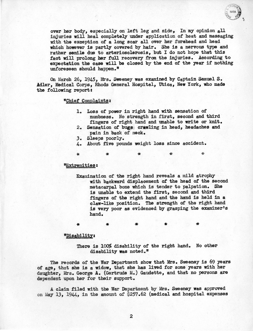 Memorandum from Frederick J. Bailey to M. C. Latta, H. R. 2251, For the Relief of Catherine V. Sweeney, with Attachments