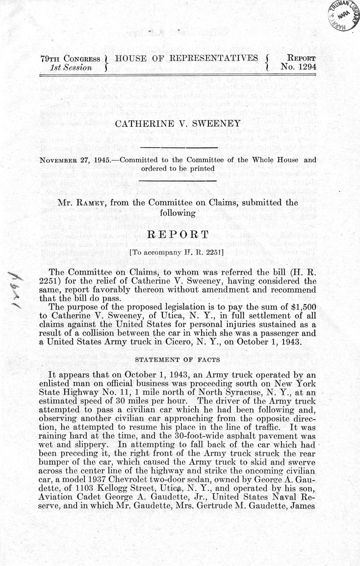 Memorandum from Frederick J. Bailey to M. C. Latta, H. R. 2251, For the Relief of Catherine V. Sweeney, with Attachments