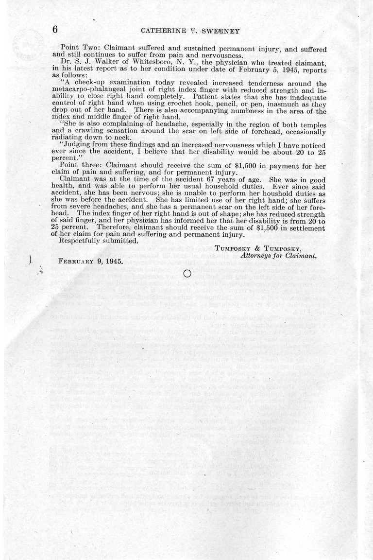 Memorandum from Frederick J. Bailey to M. C. Latta, H. R. 2251, For the Relief of Catherine V. Sweeney, with Attachments