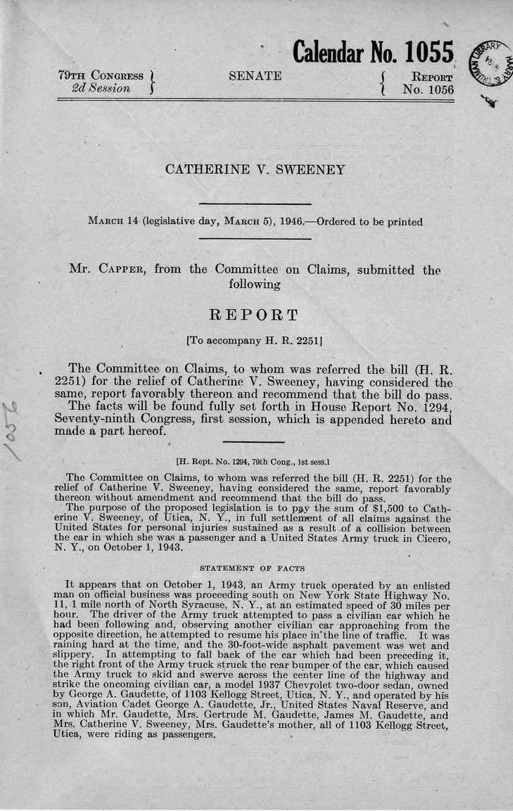 Memorandum from Frederick J. Bailey to M. C. Latta, H. R. 2251, For the Relief of Catherine V. Sweeney, with Attachments