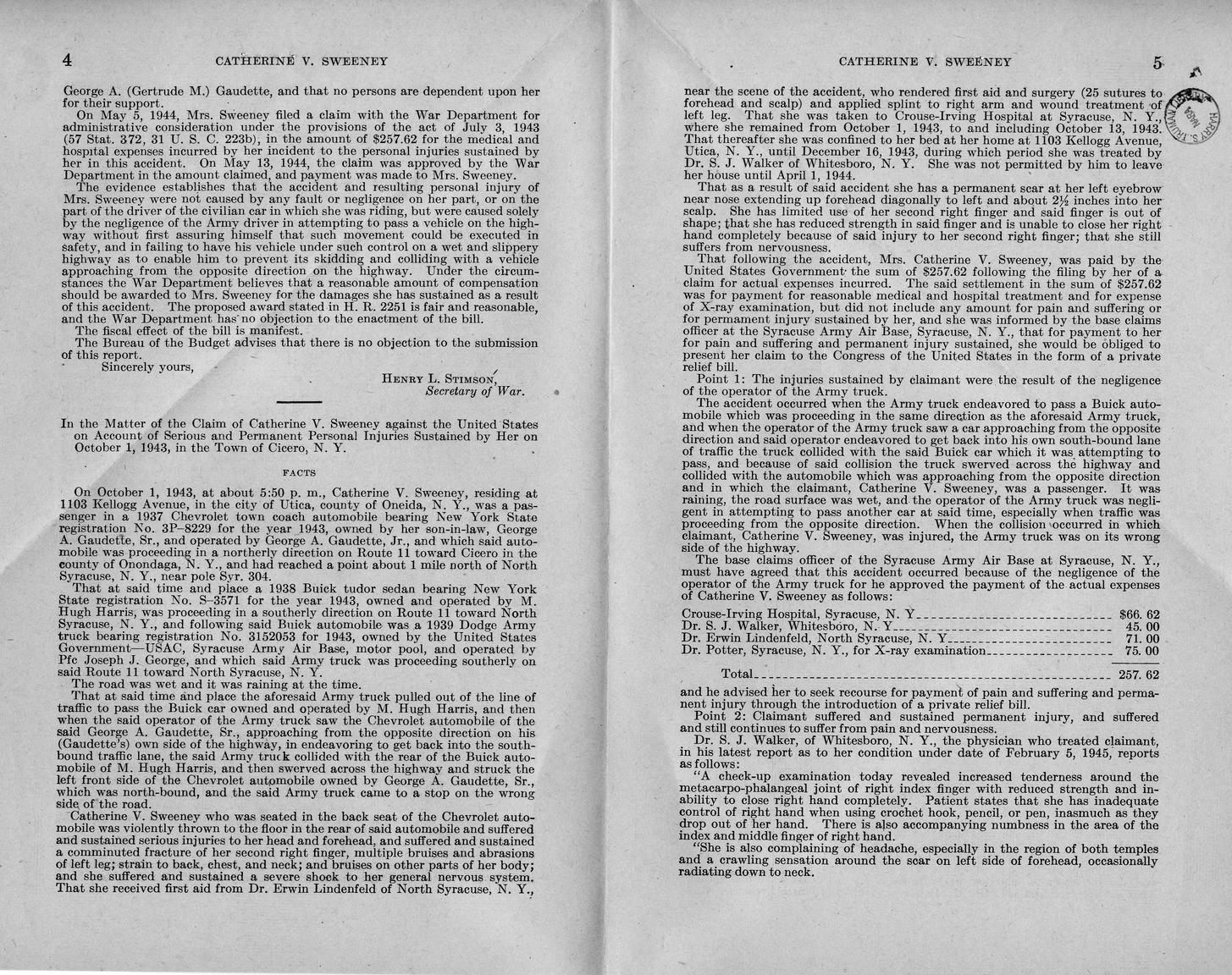 Memorandum from Frederick J. Bailey to M. C. Latta, H. R. 2251, For the Relief of Catherine V. Sweeney, with Attachments