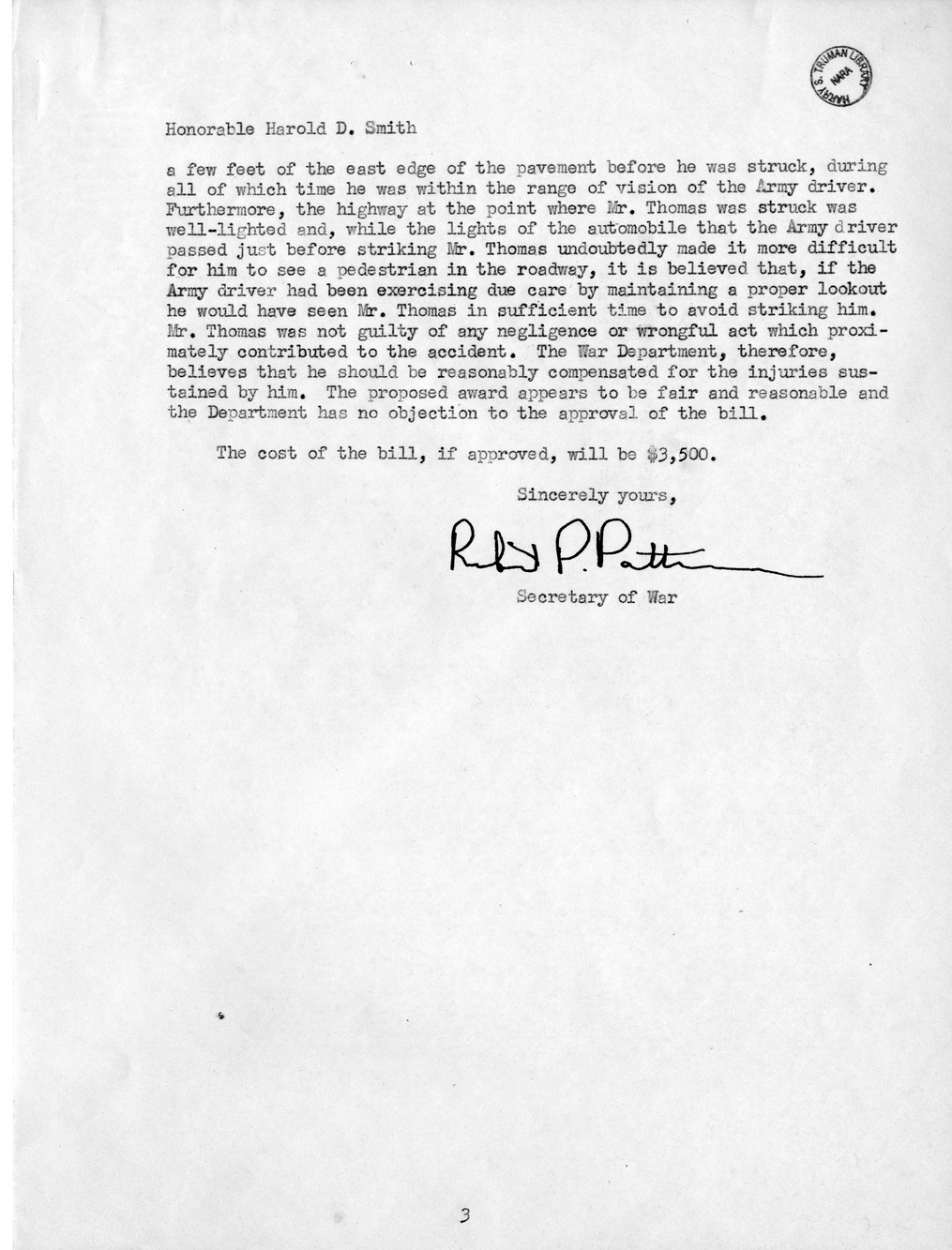 Memorandum from Frederick J. Bailey to M. C. Latta, H. R. 2288, For the Relief of Columbus Thomas, with Attachments