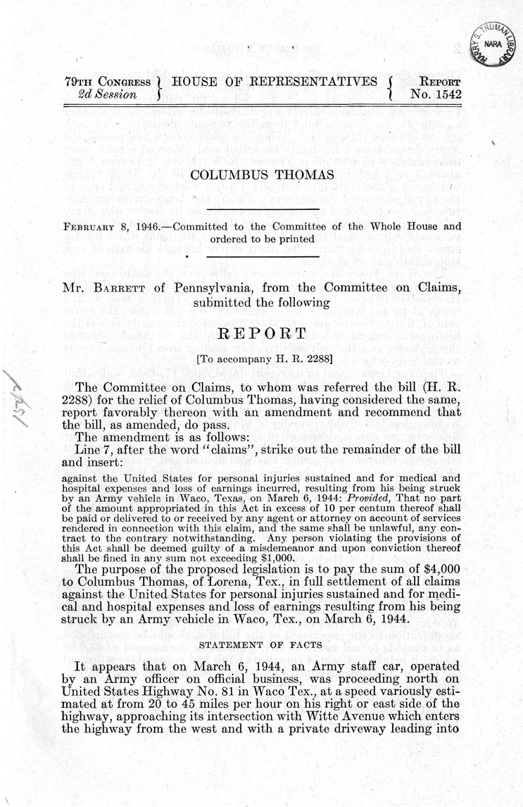 Memorandum from Frederick J. Bailey to M. C. Latta, H. R. 2288, For the Relief of Columbus Thomas, with Attachments