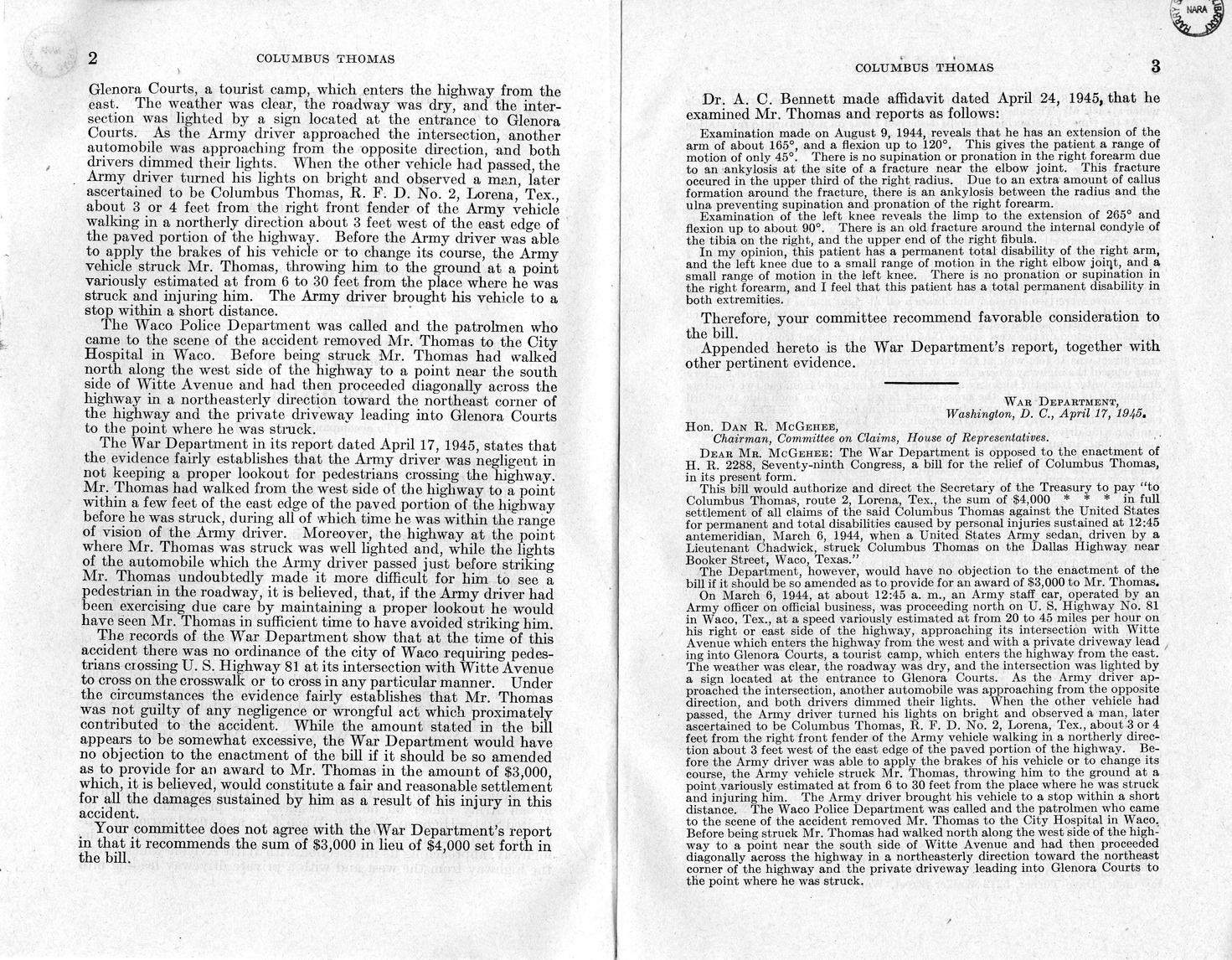 Memorandum from Frederick J. Bailey to M. C. Latta, H. R. 2288, For the Relief of Columbus Thomas, with Attachments