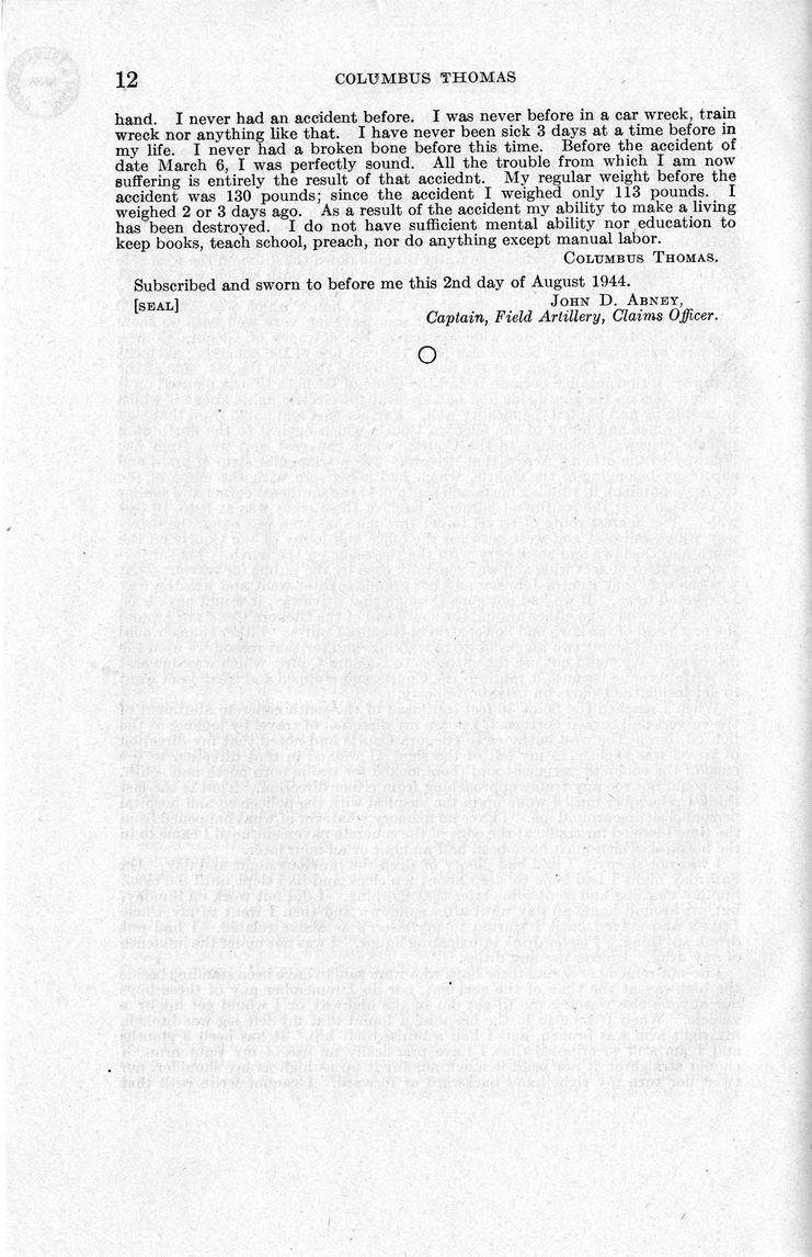 Memorandum from Frederick J. Bailey to M. C. Latta, H. R. 2288, For the Relief of Columbus Thomas, with Attachments
