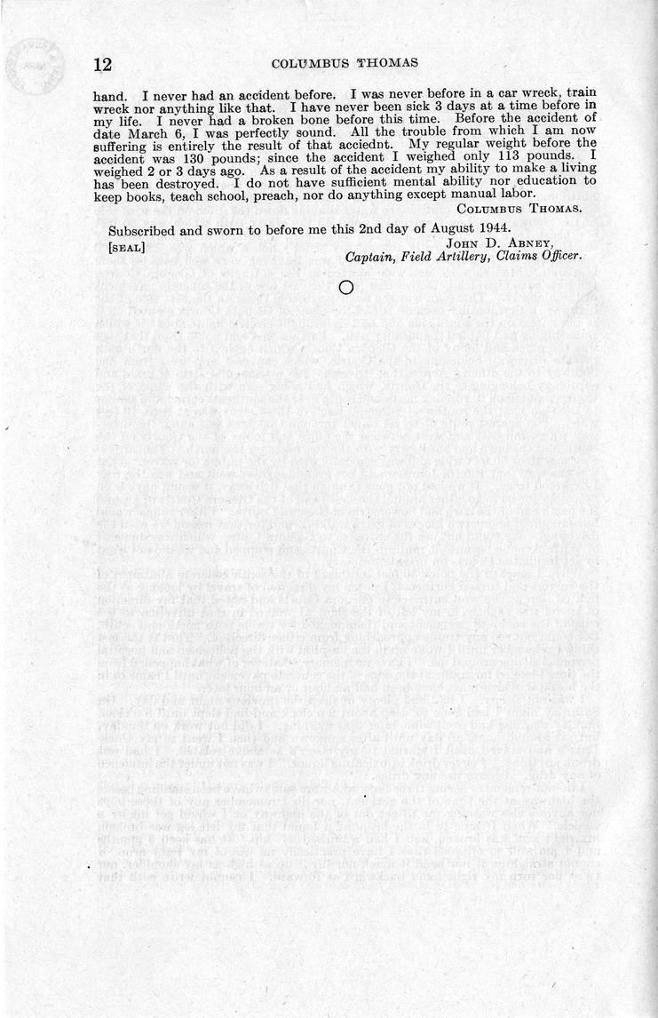 Memorandum from Frederick J. Bailey to M. C. Latta, H. R. 2288, For the Relief of Columbus Thomas, with Attachments