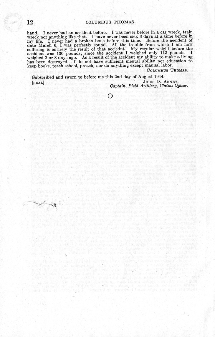 Memorandum from Frederick J. Bailey to M. C. Latta, H. R. 2288, For the Relief of Columbus Thomas, with Attachments