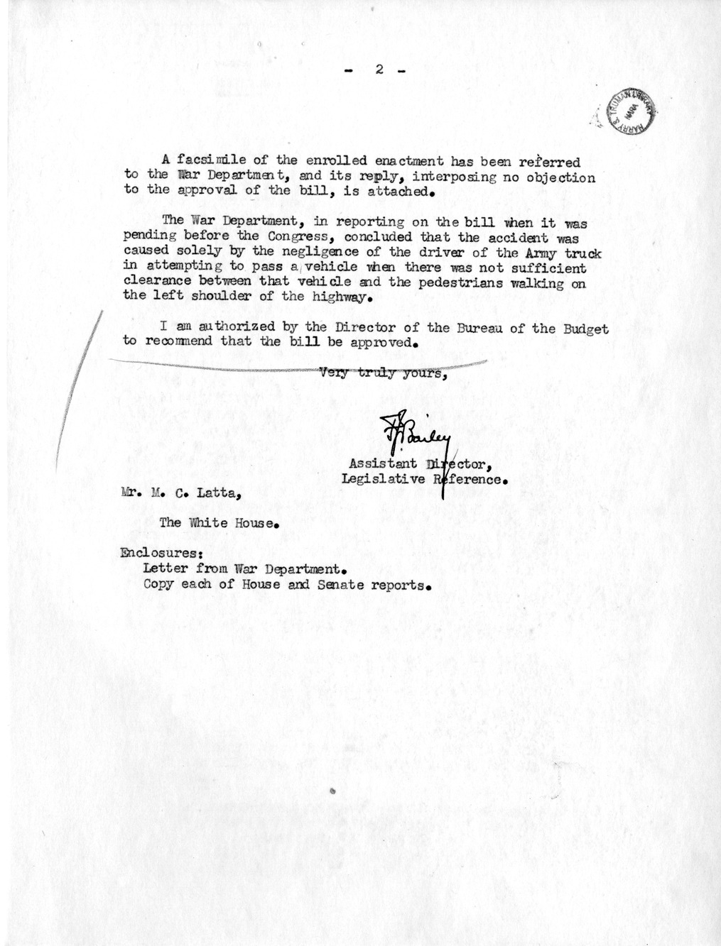 Memorandum from Frederick J. Bailey to M. C. Latta, H. R. 2318, For the Relief of Mrs. Mertie Pike and the Estate of Mrs. Bernice Smotherman, Deceased, with Attachments