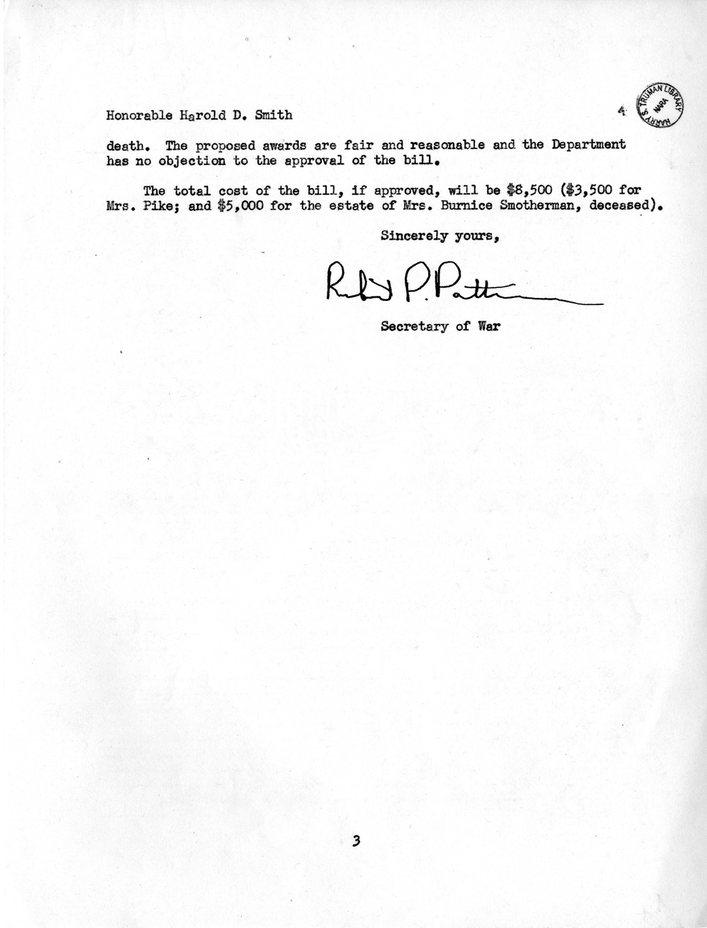 Memorandum from Frederick J. Bailey to M. C. Latta, H. R. 2318, For the Relief of Mrs. Mertie Pike and the Estate of Mrs. Bernice Smotherman, Deceased, with Attachments