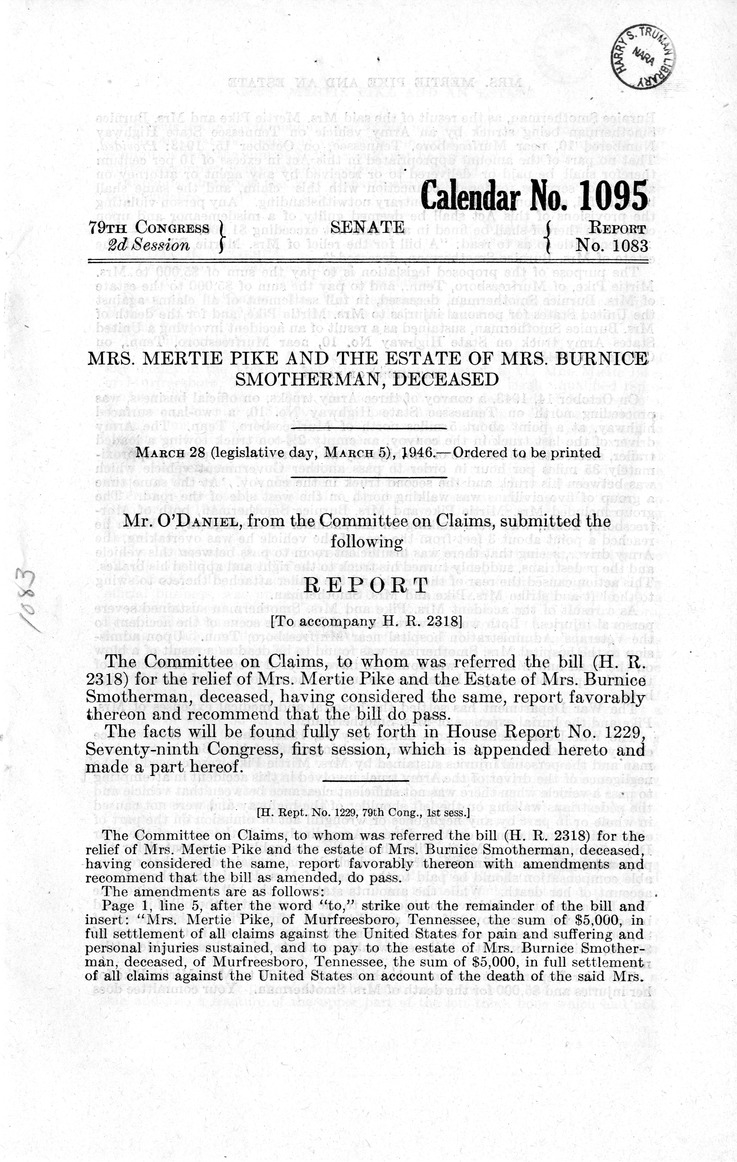 Memorandum from Frederick J. Bailey to M. C. Latta, H. R. 2318, For the Relief of Mrs. Mertie Pike and the Estate of Mrs. Bernice Smotherman, Deceased, with Attachments