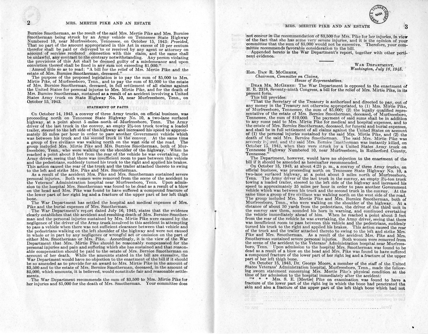 Memorandum from Frederick J. Bailey to M. C. Latta, H. R. 2318, For the Relief of Mrs. Mertie Pike and the Estate of Mrs. Bernice Smotherman, Deceased, with Attachments