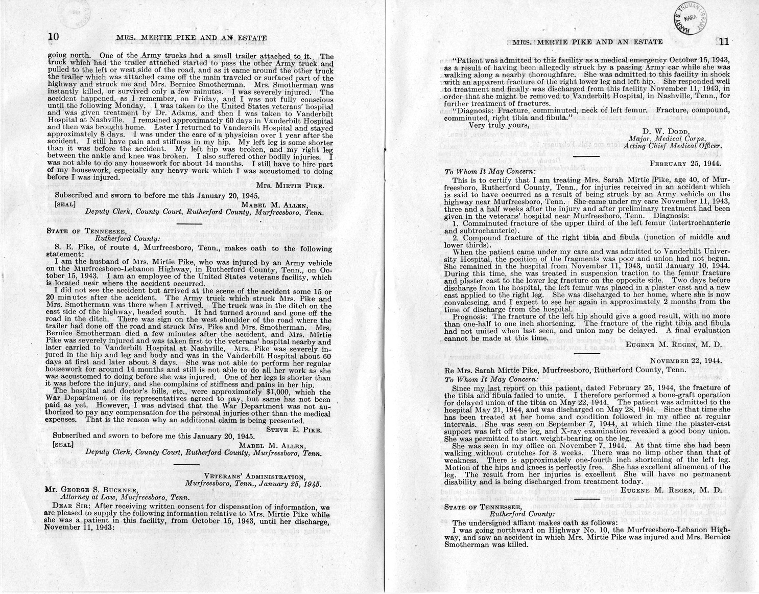 Memorandum from Frederick J. Bailey to M. C. Latta, H. R. 2318, For the Relief of Mrs. Mertie Pike and the Estate of Mrs. Bernice Smotherman, Deceased, with Attachments