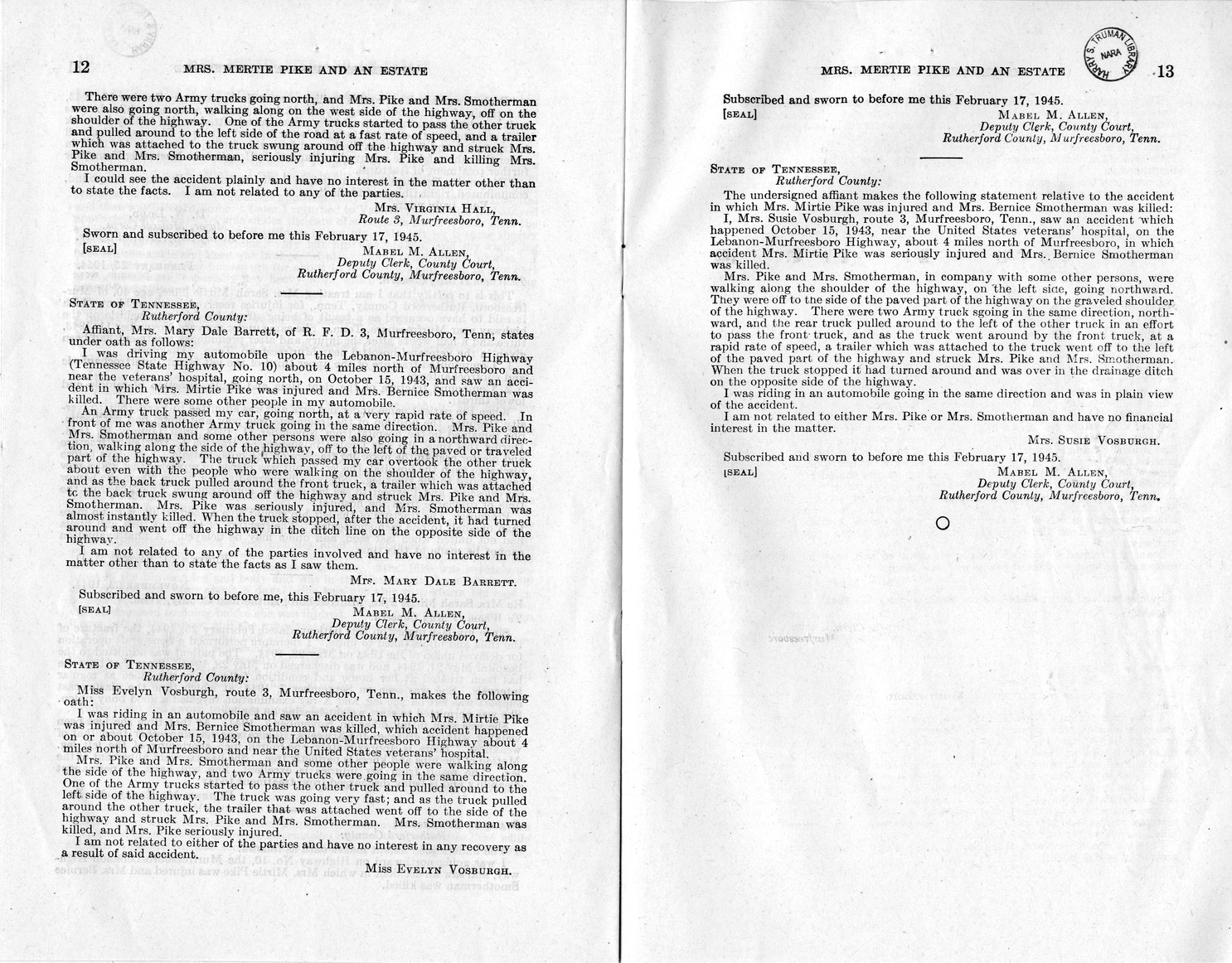 Memorandum from Frederick J. Bailey to M. C. Latta, H. R. 2318, For the Relief of Mrs. Mertie Pike and the Estate of Mrs. Bernice Smotherman, Deceased, with Attachments