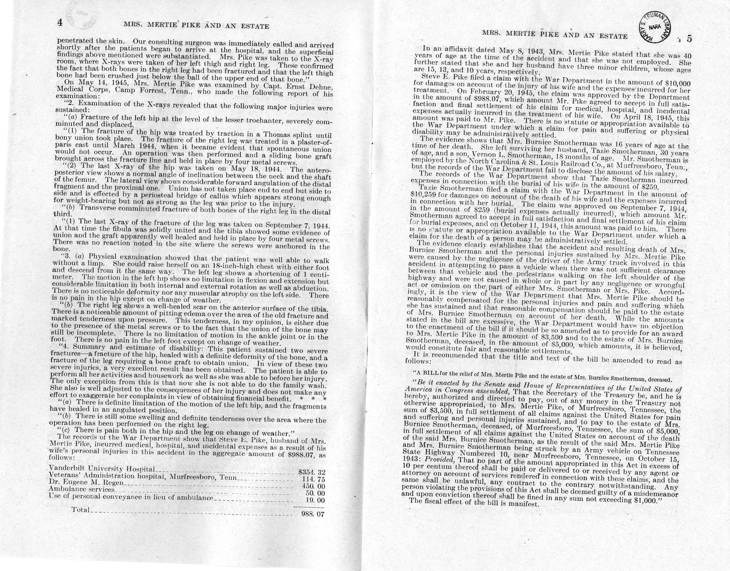 Memorandum from Frederick J. Bailey to M. C. Latta, H. R. 2318, For the Relief of Mrs. Mertie Pike and the Estate of Mrs. Bernice Smotherman, Deceased, with Attachments