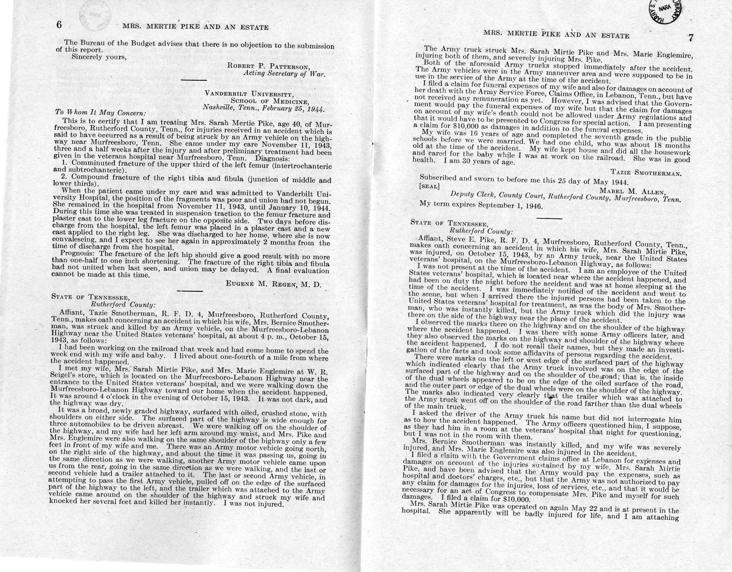 Memorandum from Frederick J. Bailey to M. C. Latta, H. R. 2318, For the Relief of Mrs. Mertie Pike and the Estate of Mrs. Bernice Smotherman, Deceased, with Attachments