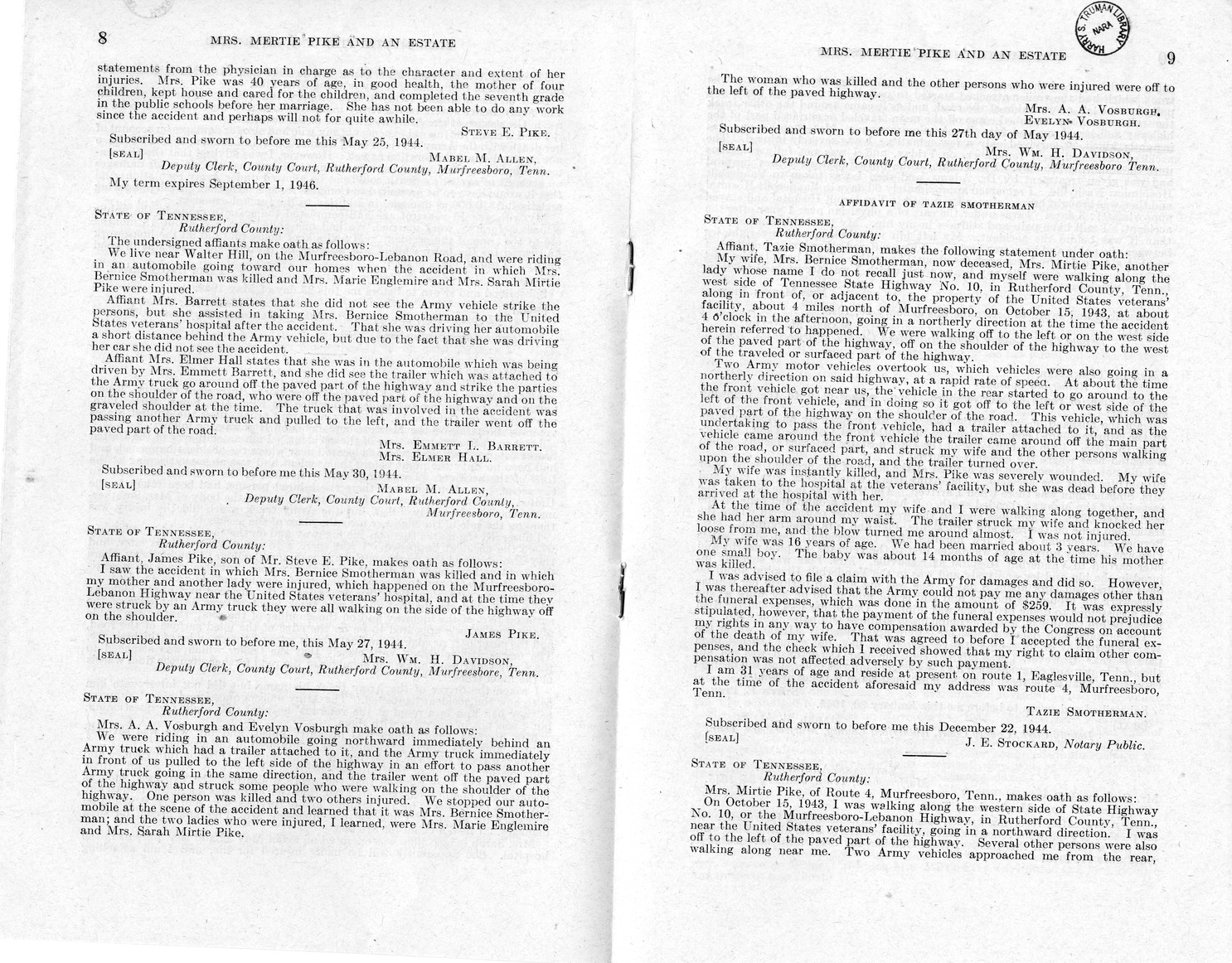 Memorandum from Frederick J. Bailey to M. C. Latta, H. R. 2318, For the Relief of Mrs. Mertie Pike and the Estate of Mrs. Bernice Smotherman, Deceased, with Attachments