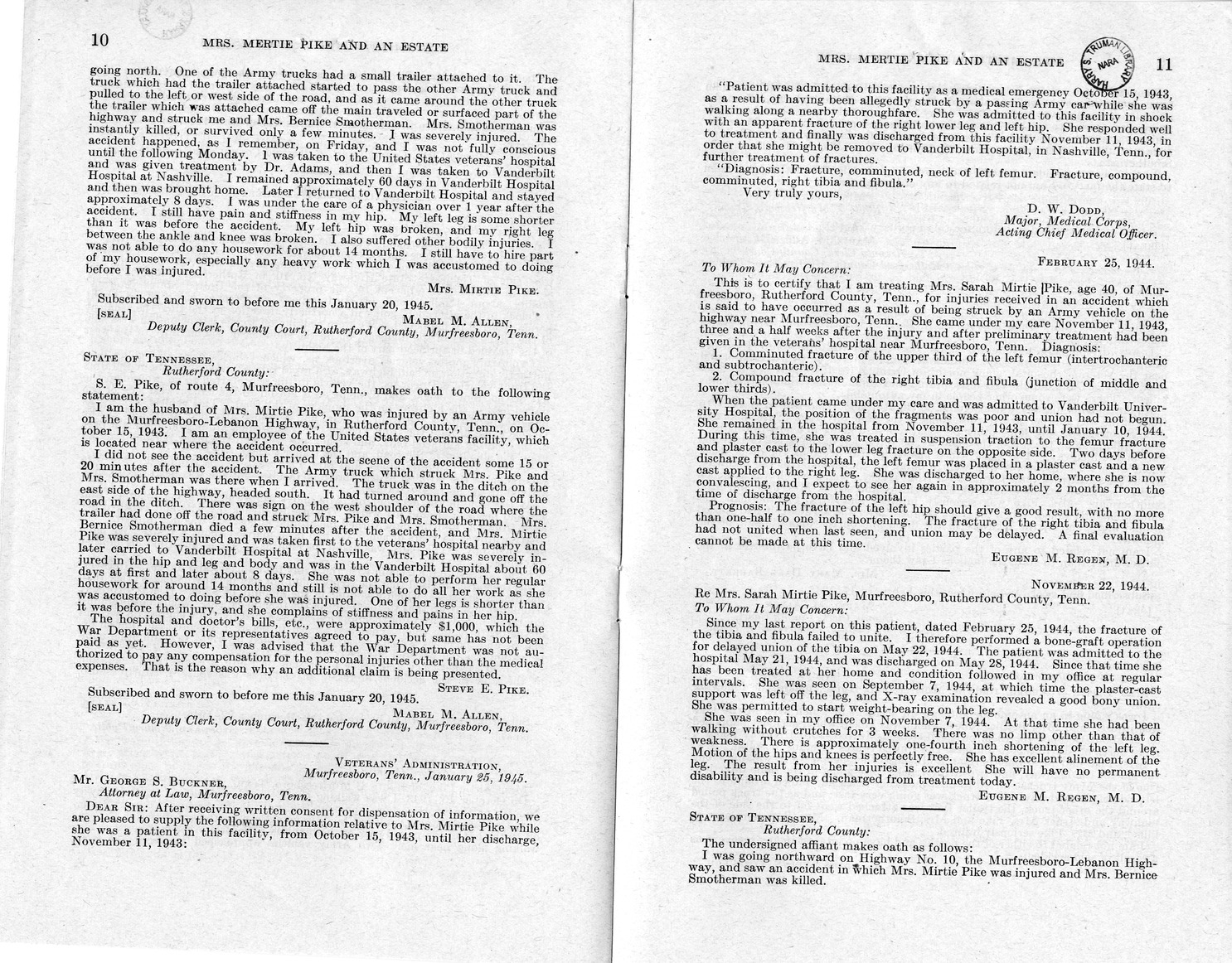 Memorandum from Frederick J. Bailey to M. C. Latta, H. R. 2318, For the Relief of Mrs. Mertie Pike and the Estate of Mrs. Bernice Smotherman, Deceased, with Attachments